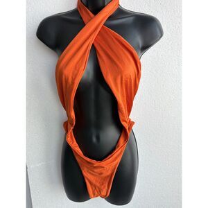 Bella Body X One Piece Crossover Swimsuit and Swim Skirt Rust Orange Size M